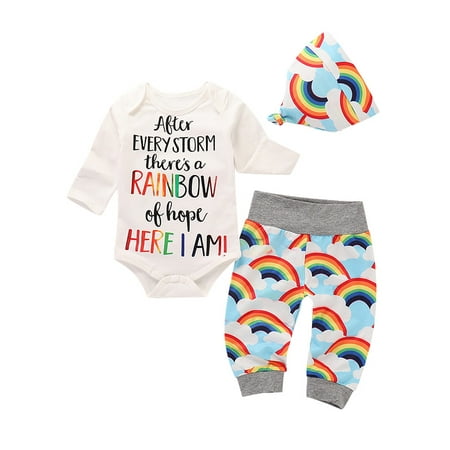 Newborn Baby Girl Boy Rainbow Clothes Romper Tops Jumpsuit Pants Hat Outfits Set